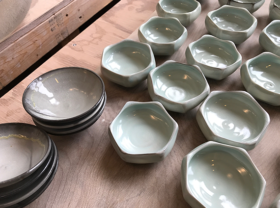 Benjamin Maier Ceramic nesting and regular bowls, in grey and celadon