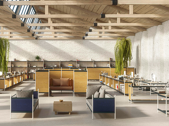 Office with Established and sons, steel framed straight sofa with lightly stained wood room dividers in the background