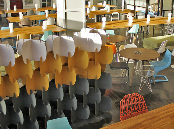 MIO interlocking angular room dividers, in a combination of white, yellow and grey