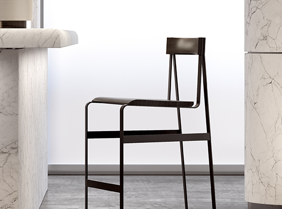 Tall black, angular metal chair with bars in-between the legs