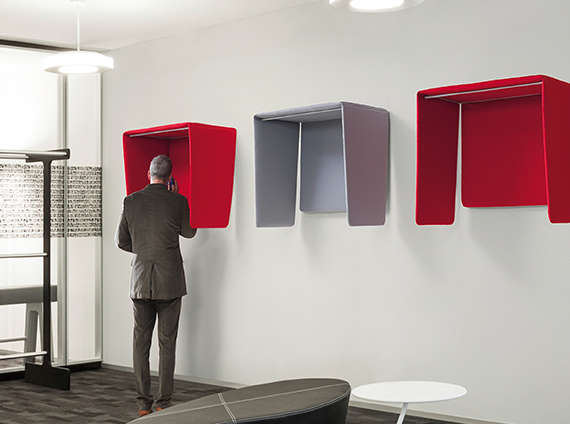 Red and grey wall mounted Snowsound acoustic cubbies