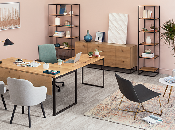 Light pink toned office with West Elm metal framed storage, tables and chairs in a wood finish
