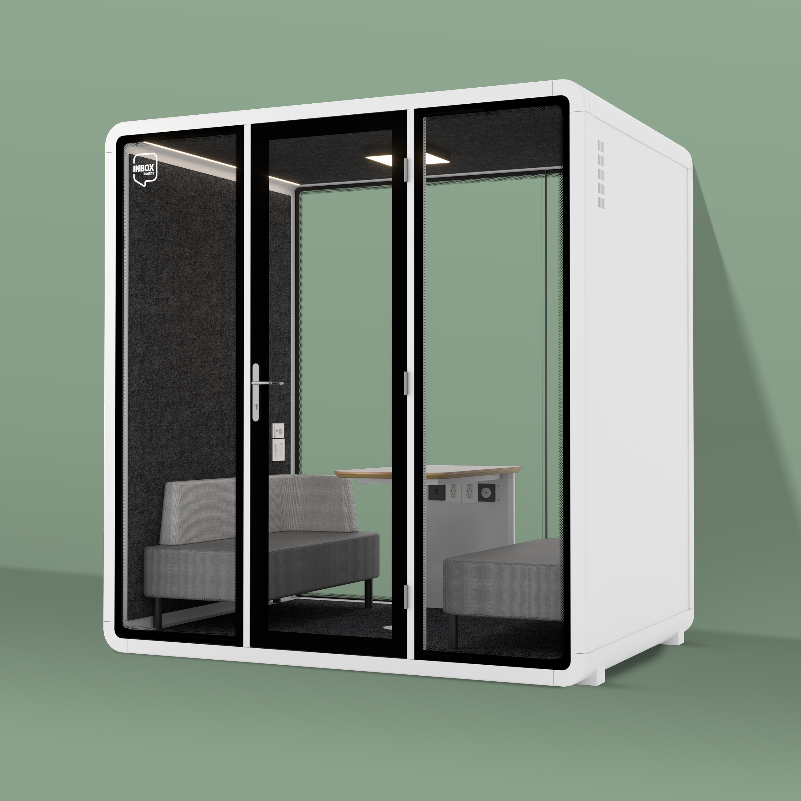 Quad Phone booth in front of a green wall