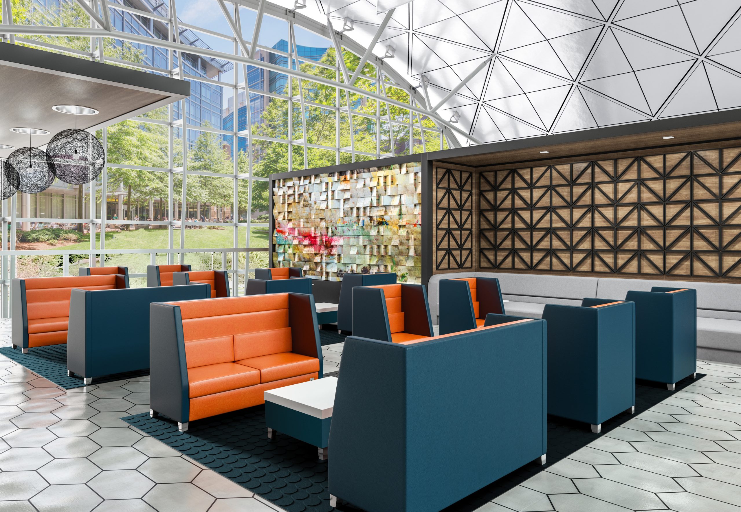 A series of single and double booth seating in a glass dome space